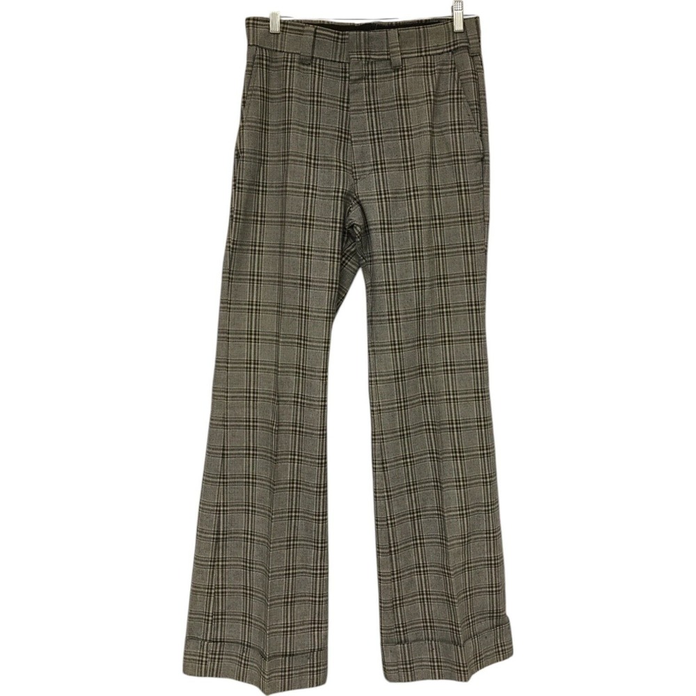 Wide Leg Cuffed Pants Black Beige‎ Womens Plaid Flat Front Slash Pocket Trouser